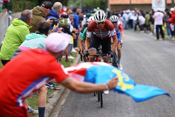 Toms Skujiņš of Latvia and Team Trek - Segafredo in breakaway during the 108th Tour de France 2021, Stage 16 a 169km stage from Pas de la Casa to...