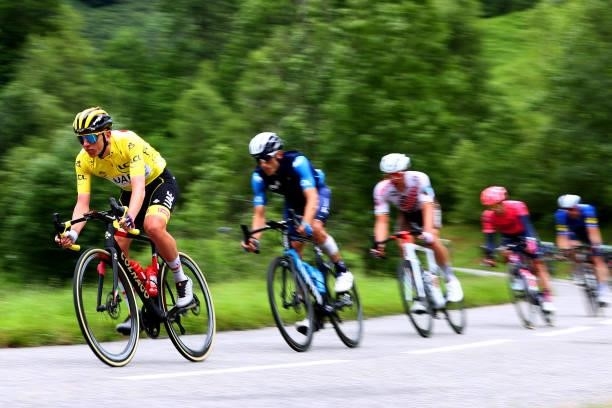 Tadej Pogačar of Slovenia and UAE-Team Emirates yellow leader jersey descending Col de la Core during the 108th Tour de France 2021, Stage 16 a 169km...