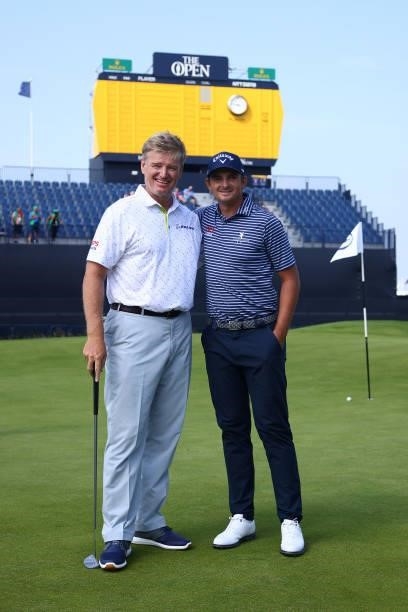 Ernie Els of South Africa and Christiaan Bezuidenhout of South Africa pose for a photo during a practice round for The 149th Open at Royal St...