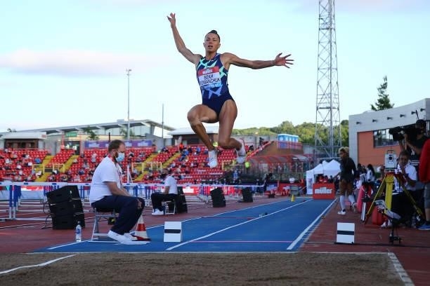 Maryna Bekh-Romanchuk of Ukraine competes in the women's Long Jump during the Muller British Grand Prix, part of the Wanda Diamond League at...