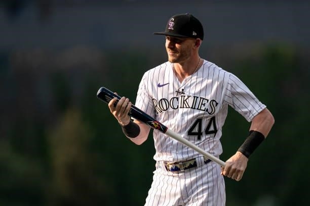 Trevor Story of the Colorado Rockies reacts on stage for the 2021 T-Mobile Home Run Derby at Coors Field on July 12, 2021 in Denver, Colorado.