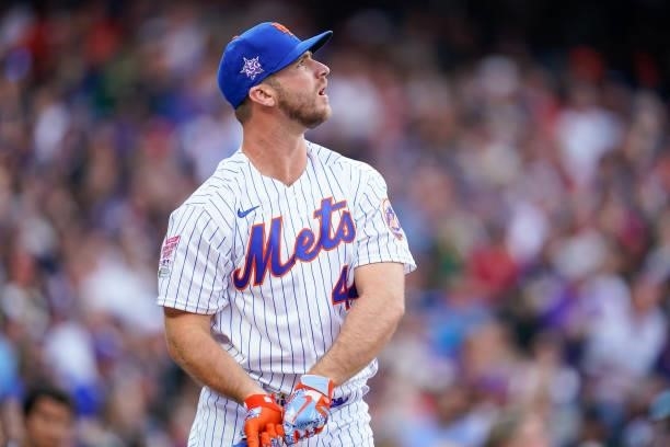 Pete Alonso of the New York Mets watches the ball in flight during the 2021 T-Mobile Home Run Derby at Coors Field on July 12, 2021 in Denver,...
