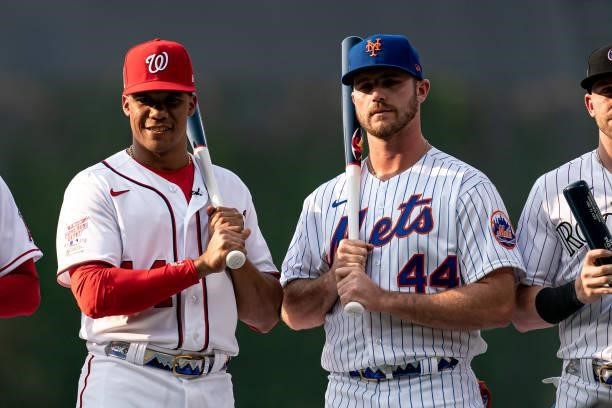 Juan Soto of the Washington Nationals and Pete Alonso of the New York Mets stand on stage during the 2021 T-Mobile Home Run Derby at Coors Field on...