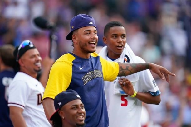 National League All-Star Freddy Peralta of the Milwaukee Brewers reacts while watching the 2021 T-Mobile Home Run Derby at Coors Field on July 12,...