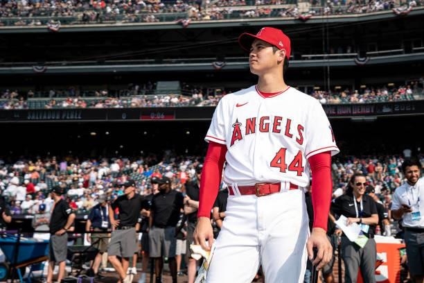 Shohei Ohtani of the Los Angeles Angels looks on during the 2021 T-Mobile Home Run Derby at Coors Field on July 12, 2021 in Denver, Colorado.