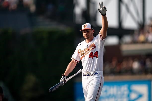 Trey Manchini of the Baltimore Orioles waves to the crown during the 2021 T-Mobile Home Run Derby at Coors Field on July 12, 2021 in Denver, Colorado.