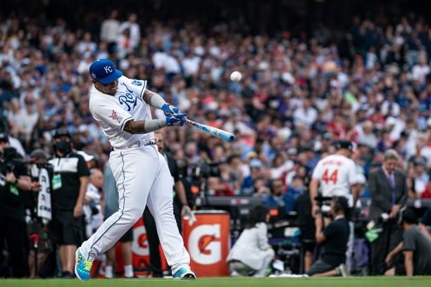 Salvador Perez of the Kansas City Royals participates during the 2021 T-Mobile Home Run Derby at Coors Field on July 12, 2021 in Denver, Colorado.