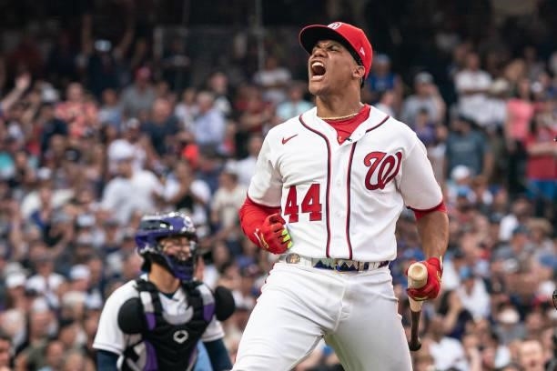 Juan Soto of the Washington Nationals celebrates during the 2021 T-Mobile Home Run Derby at Coors Field on July 12, 2021 in Denver, Colorado.