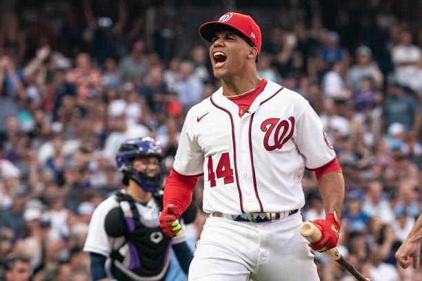 Juan Soto of the Washington Nationals celebrates during the 2021 T-Mobile Home Run Derby at Coors Field on July 12, 2021 in Denver, Colorado.