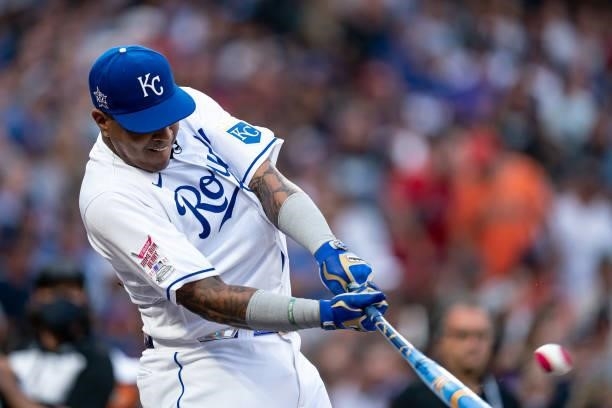 Salvador Perez of the Kansas City Royals participates during the 2021 T-Mobile Home Run Derby at Coors Field on July 12, 2021 in Denver, Colorado.