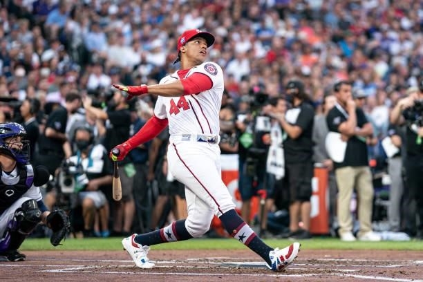 Juan Soto of the Washington Nationals bats during the 2021 T-Mobile Home Run Derby at Coors Field on July 12, 2021 in Denver, Colorado.
