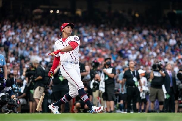 Juan Soto of the Washington Nationals bats during the 2021 T-Mobile Home Run Derby at Coors Field on July 12, 2021 in Denver, Colorado.