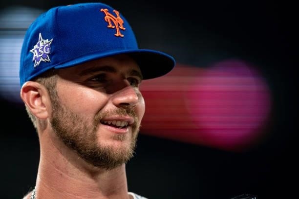Pete Alonso of the New York Mets smiles during the 2021 T-Mobile Home Run Derby at Coors Field on July 12, 2021 in Denver, Colorado.
