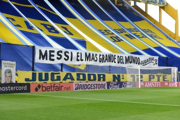 General view of the stadium with a banner dedicated to Argentina's national team player Lionel Messi prior to a round of sixteen match between Boca...
