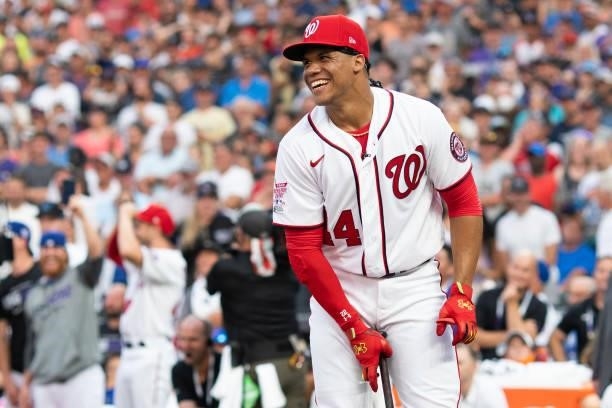 Juan Soto of the Washington Nationals laughs during the 2021 T-Mobile Home Run Derby at Coors Field on July 12, 2021 in Denver, Colorado.