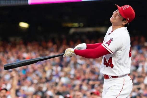 Shohei Ohtani of the Los Angeles Angels reacts during the 2021 T-Mobile Home Run Derby at Coors Field on July 12, 2021 in Denver, Colorado.
