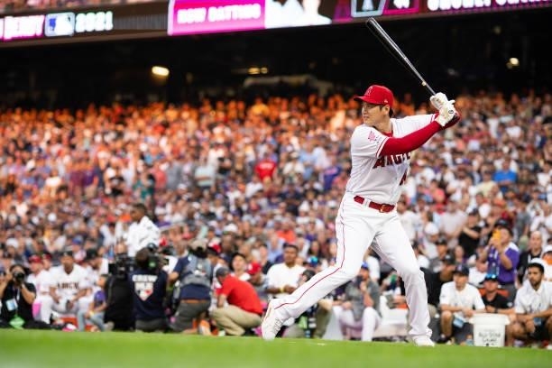 Shohei Ohtani of the Los Angeles Angels bats during the 2021 T-Mobile Home Run Derby at Coors Field on July 12, 2021 in Denver, Colorado.