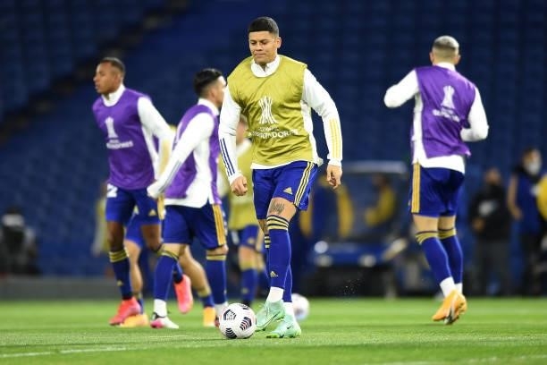 Marcos Rojo of Boca Juniors warms up prior to a round of sixteen match between Boca Juniors and Atletico Mineiro as part of Copa CONMEBOL...
