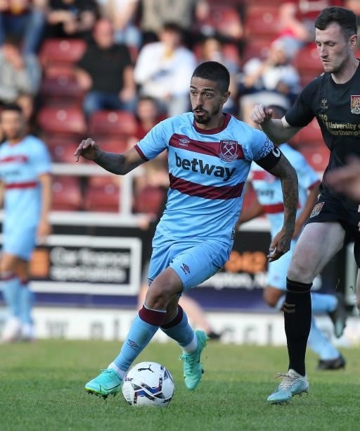 Manuel Lanzini of West Ham United in action during the Pre-Season Friendly match between Northampton Town v West Ham United at Sixfields on July 13,...