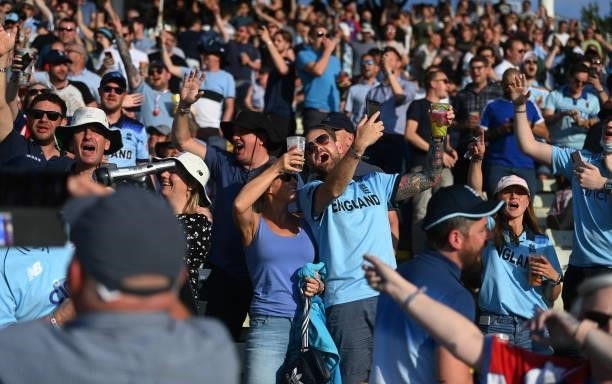 Cricket fans enjoy play during the 3rd Royal London Series One Day International between England and Pakistan at Edgbaston on July 13, 2021 in...