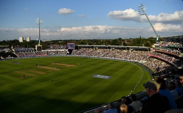 General view of play during the 3rd Royal London Series One Day International between England and Pakistan at Edgbaston on July 13, 2021 in...