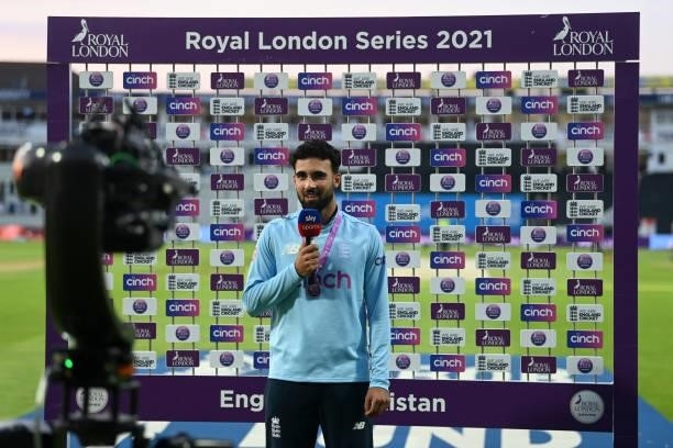 Saqib Mahmood of England speaks during the post match presentations after the 3rd Royal London Series One Day International between England and...