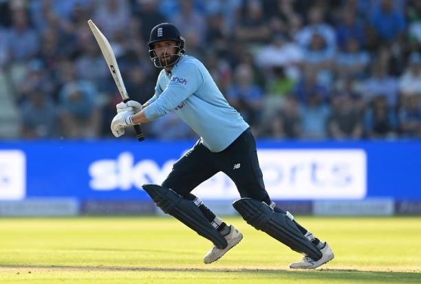 James Vince of England bats during the 3rd One Day International between England and Pakistan at Edgbaston on July 13, 2021 in Birmingham, England.