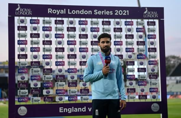 Saqib Mahmood of England speaks during the post match presentations after the 3rd Royal London Series One Day International between England and...
