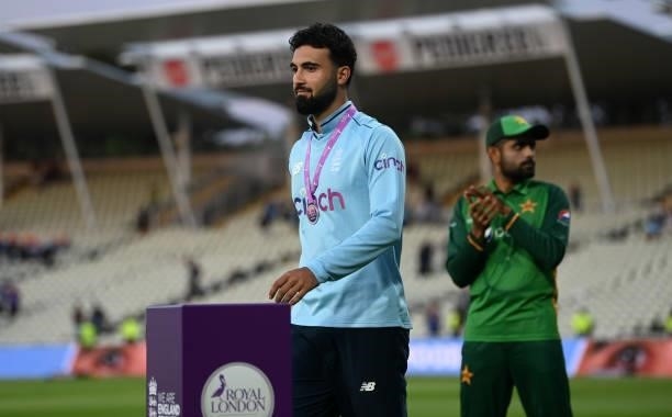 Saqib Mahmood of England collects his man of the series medal during the post match presentations after the 3rd Royal London Series One Day...