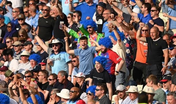Spectators sing during the 3rd One Day International between England and Pakistan at Edgbaston on July 13, 2021 in Birmingham, England.