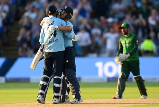 James Vince of England celebrates with Lewis Gregory after reaching his century during the 3rd Royal London Series One Day International between...