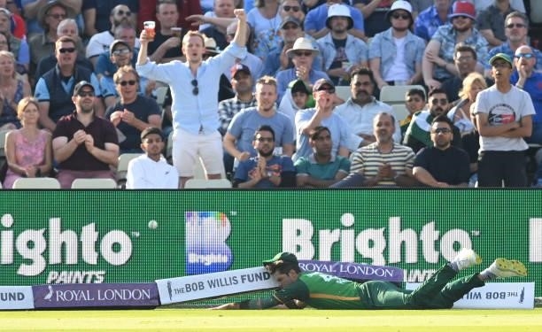 Shaheen Afridi of Pakistan fails to stop a four during the 3rd One Day International between England and Pakistan at Edgbaston on July 13, 2021 in...