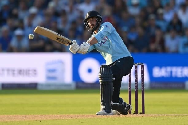 James Vince of England hits out during the 3rd One Day International between England and Pakistan at Edgbaston on July 13, 2021 in Birmingham,...