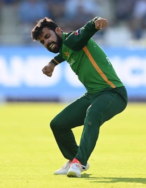 Shadab Khan of Pakistan celebrates after dismissing Ben Stokes of England during the 3rd One Day International between England and Pakistan at...
