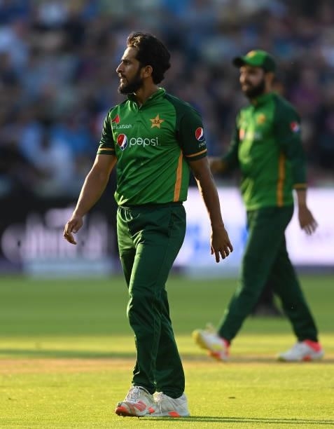Hasan Ali of Pakistan looks on during the 3rd One Day International between England and Pakistan at Edgbaston on July 13, 2021 in Birmingham, England.