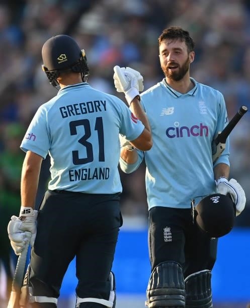 James Vince and Lewis Gregory of England touch gloves during the 3rd One Day International between England and Pakistan at Edgbaston on July 13, 2021...