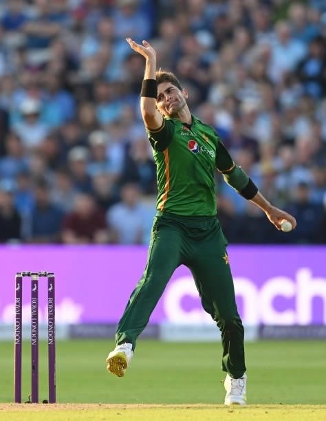 Shaheen Afridi of Pakistan bowls during the 3rd One Day International between England and Pakistan at Edgbaston on July 13, 2021 in Birmingham,...