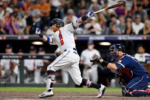Justin Turner of the Los Angeles Dodgers bats during the 91st MLB All-Star Game at Coors Field on July 13, 2021 in Denver, Colorado.