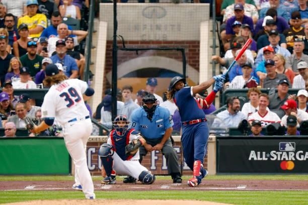 Vladimir Guerrero Jr. #27 of the Toronto Blue Jays hits a home run in the third inning during the 91st MLB All-Star Game at Coors Field on July 13,...