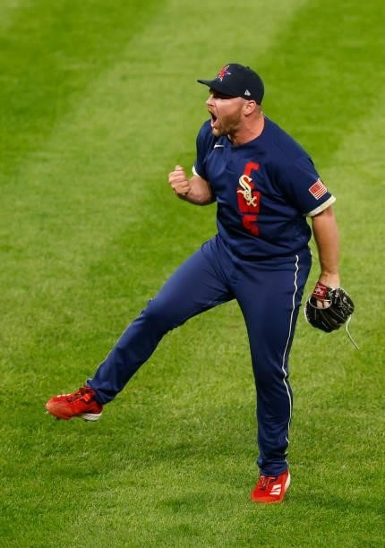 Liam Hendriks of the Chicago White Sox reacts to the final out as the American League defeated the National League 5-2 during the 91st MLB All-Star...