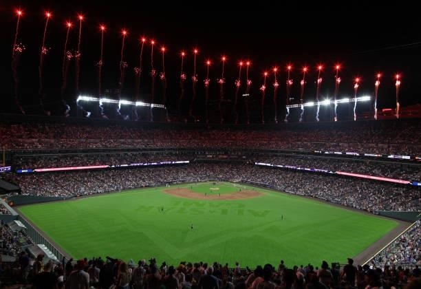 Fireworks go off at the last out of the 91st MLB All-Star Game at Coors Field on July 13, 2021 in Denver, Colorado. The American League defeated the...