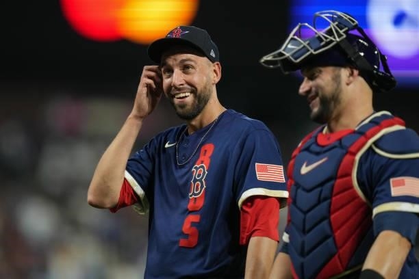 American League All-Stars Matt Barnes of the Boston Red Sox and Mike Zunino of the Tampa Bay Rays react after an inning during the 91st MLB All-Star...