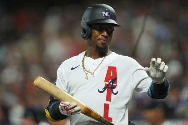 National League All-Star Ozzie Albies of the Atlanta Braves reacts on the on deck circle during the 91st MLB All-Star Game presented by Mastercard at...