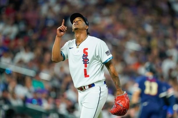 National League All-Star Alex Reyes of the St. Louis Cardinals celebrates after pitching against the American League team during the 91st MLB...