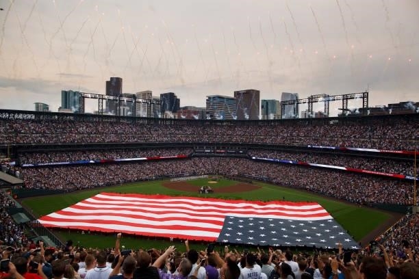 General view of the stadium as the National Anthem is played prior to the 91st MLB All-Star Game at Coors Field on July 13, 2021 in Denver, Colorado.