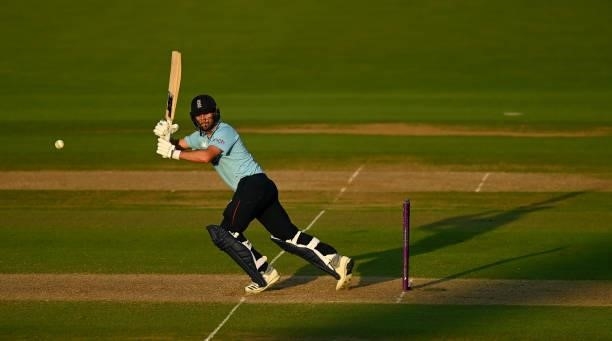 Lewis Gregory of England bats during the 3rd Royal London Series One Day International between England and Pakistan at Edgbaston on July 13, 2021 in...