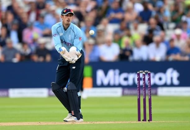 England wicketkeeper John Simpson during the 3rd Royal London Series One Day International between England and Pakistan at Edgbaston on July 13, 2021...