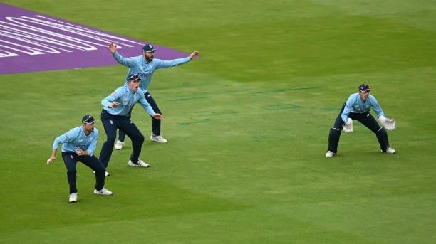 England wicketkeeper John Simpson and slips Dawid Malan, Zak Crawley and James Vince during the 3rd Royal London Series One Day International between...