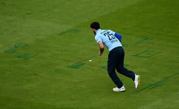 Saqib Mahmood of England runs into bowl past the bowler's marks during the 3rd Royal London Series One Day International between England and Pakistan...