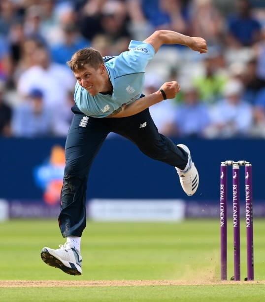 Brydon Carse of England bowls during the 3rd Royal London Series One Day International between England and Pakistan at Edgbaston on July 13, 2021 in...